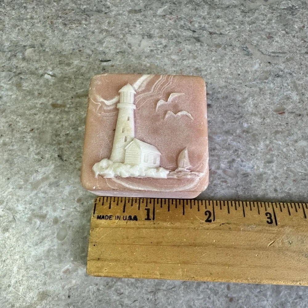 VTG Incolay Stone Jewelry Trinket Box W/ Lighthouse And Sailboat Pink Soapstone